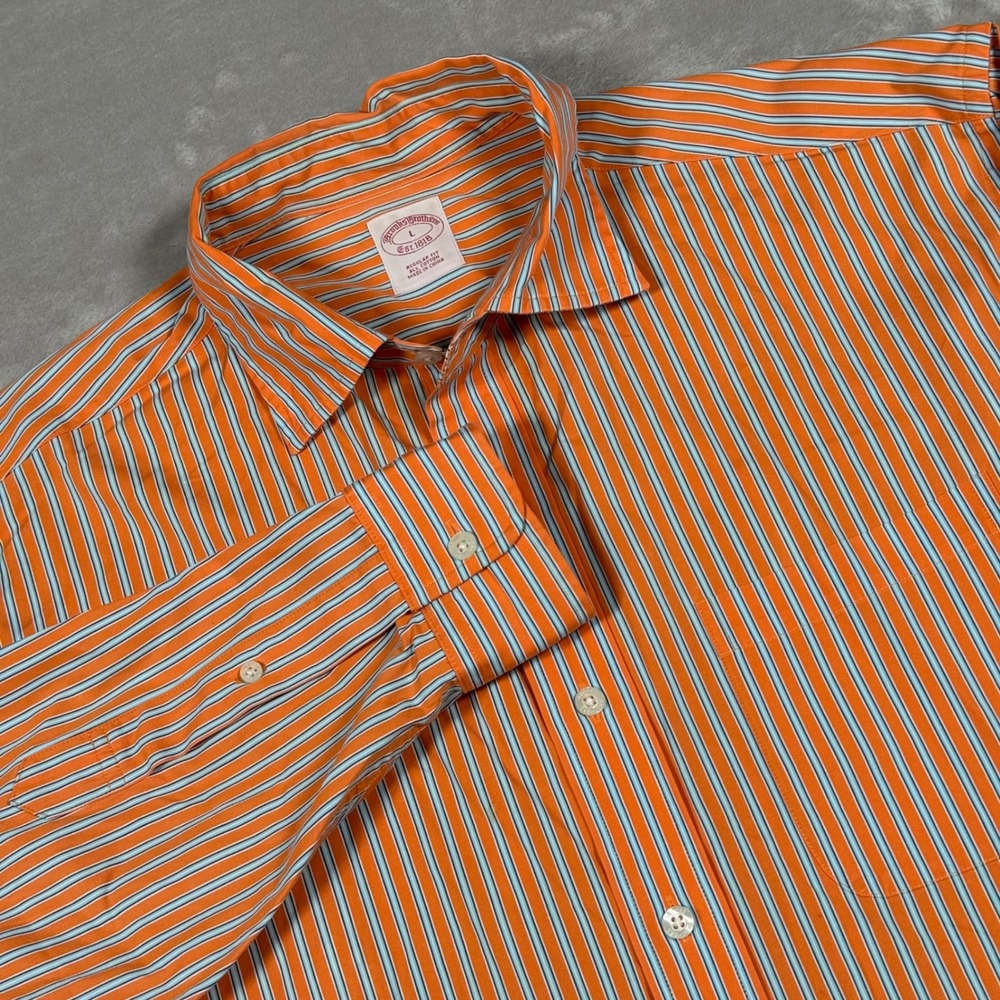 Brooks Brothers Button Down Shirt Mens L Orange Blue Striped Regular Fit Cotton